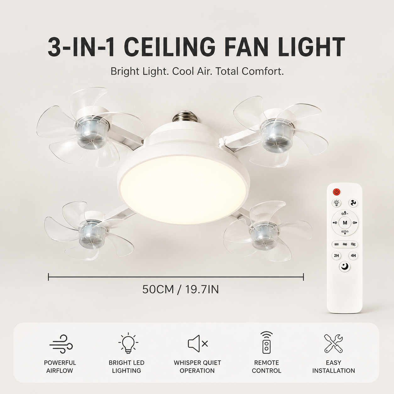 E27 Ceiling Fan Light with Remote – Silent LED Fan & Light Combo