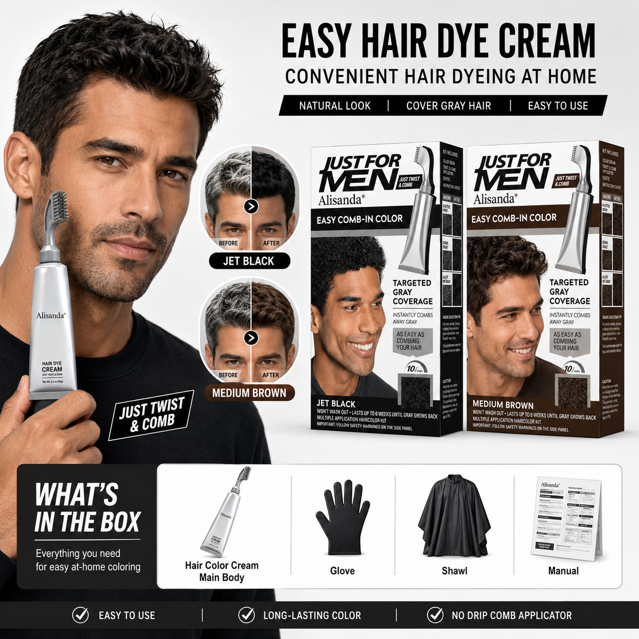 Men’s Brush-Comb Hair Color Cream for Gray Coverage